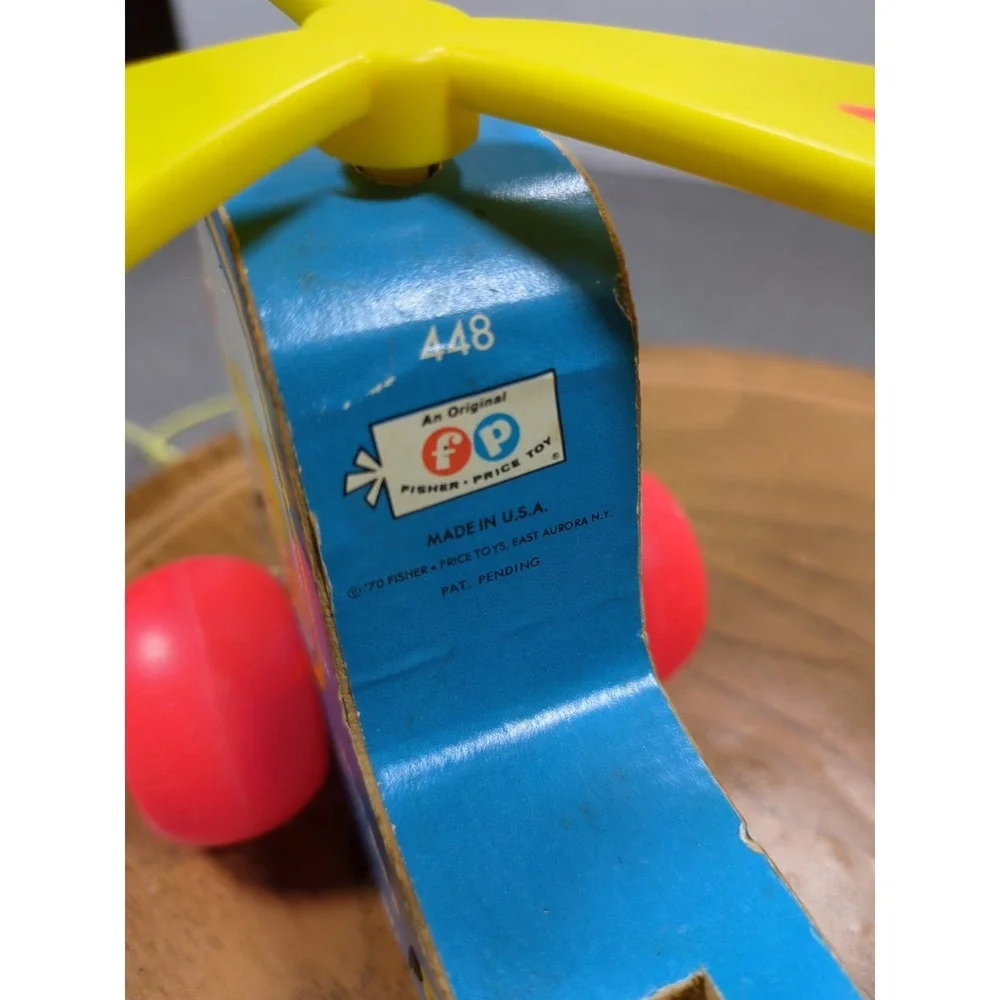 Vtg 1970 Fisher Price Mini Copter Pull Toy 448 Wood Helicopter Works Gnawd Strng